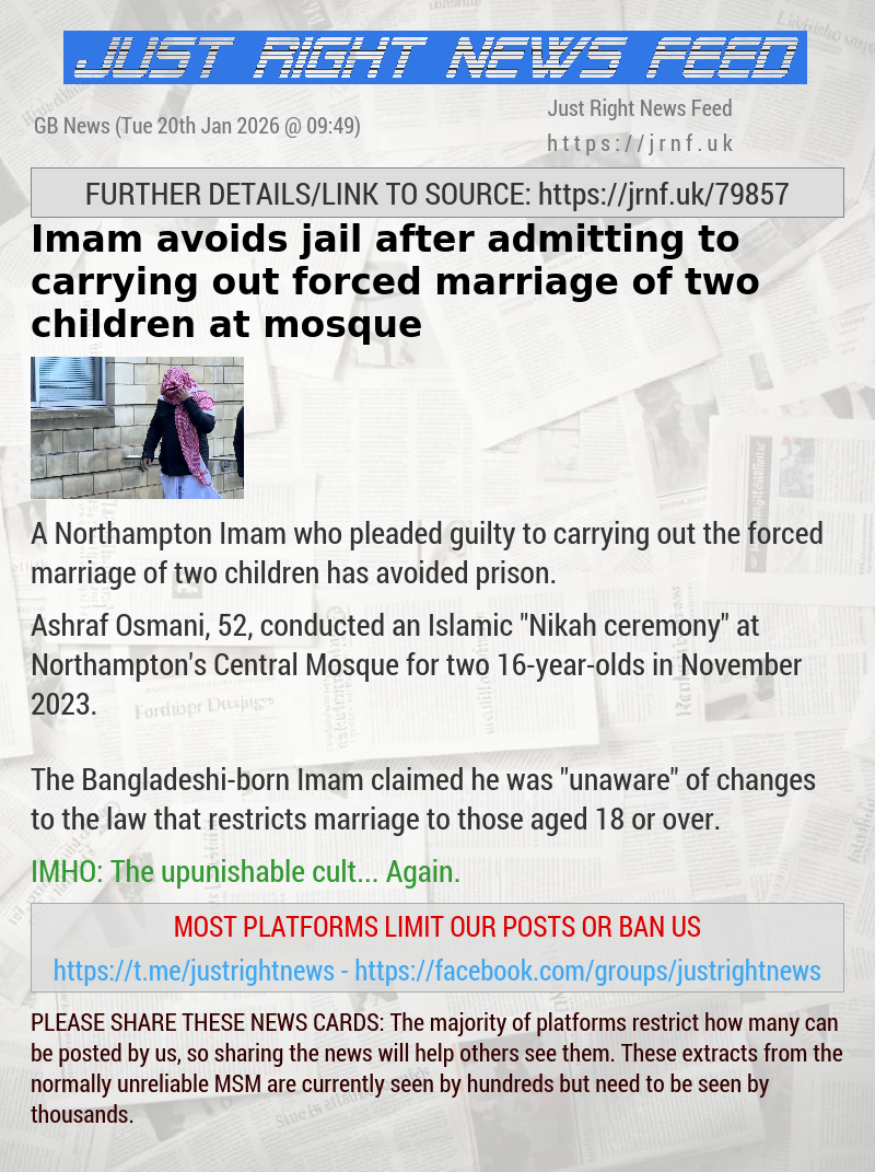 Imam avoids jail after admitting to carrying out forced marriage of two children at mosque