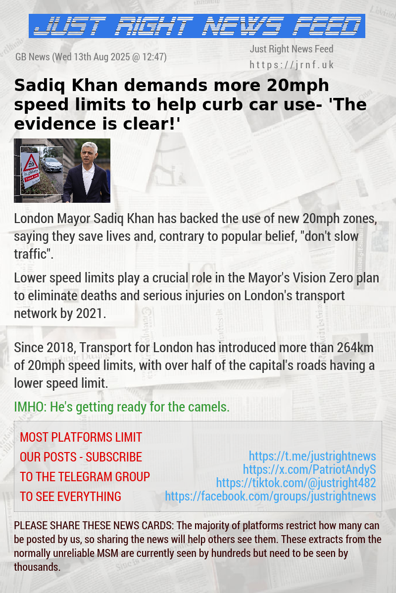 Sadiq Khan demands more 20mph speed limits to help curb car use — ’The evidence is clear!’