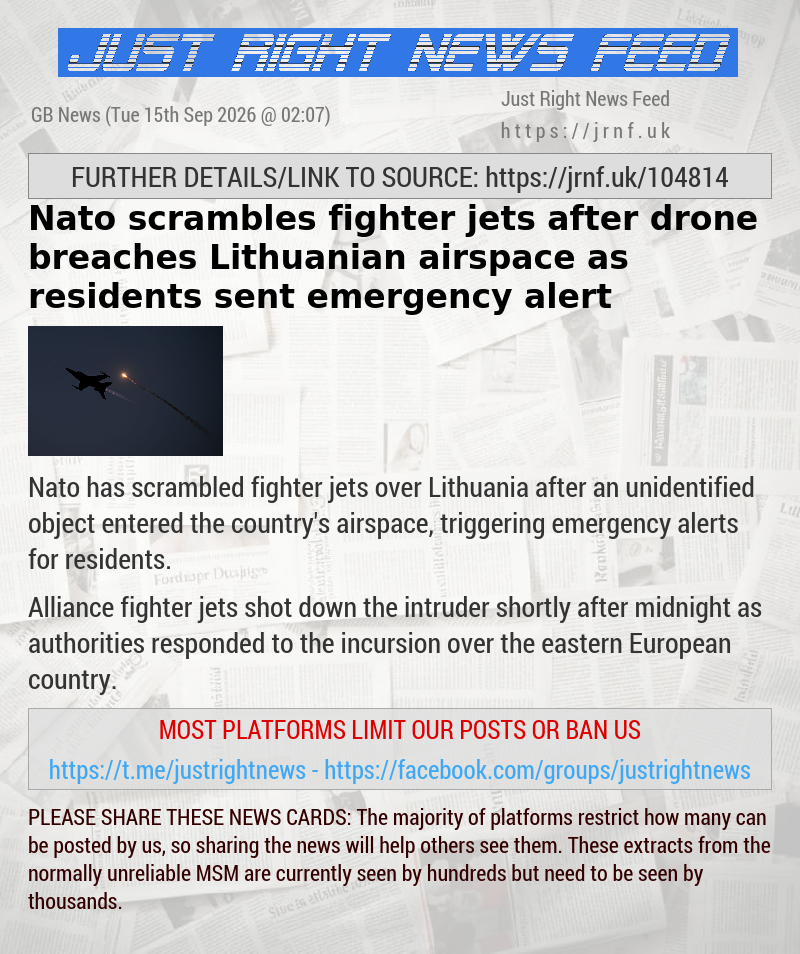 Nato scrambles fighter jets after drone breaches Lithuanian airspace as residents sent emergency alert