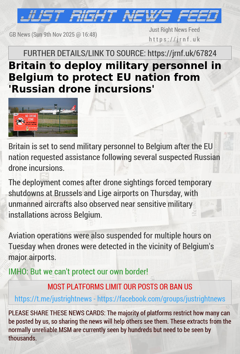 Britain to deploy military personnel in Belgium to protect EU nation from ’Russian drone incursions’