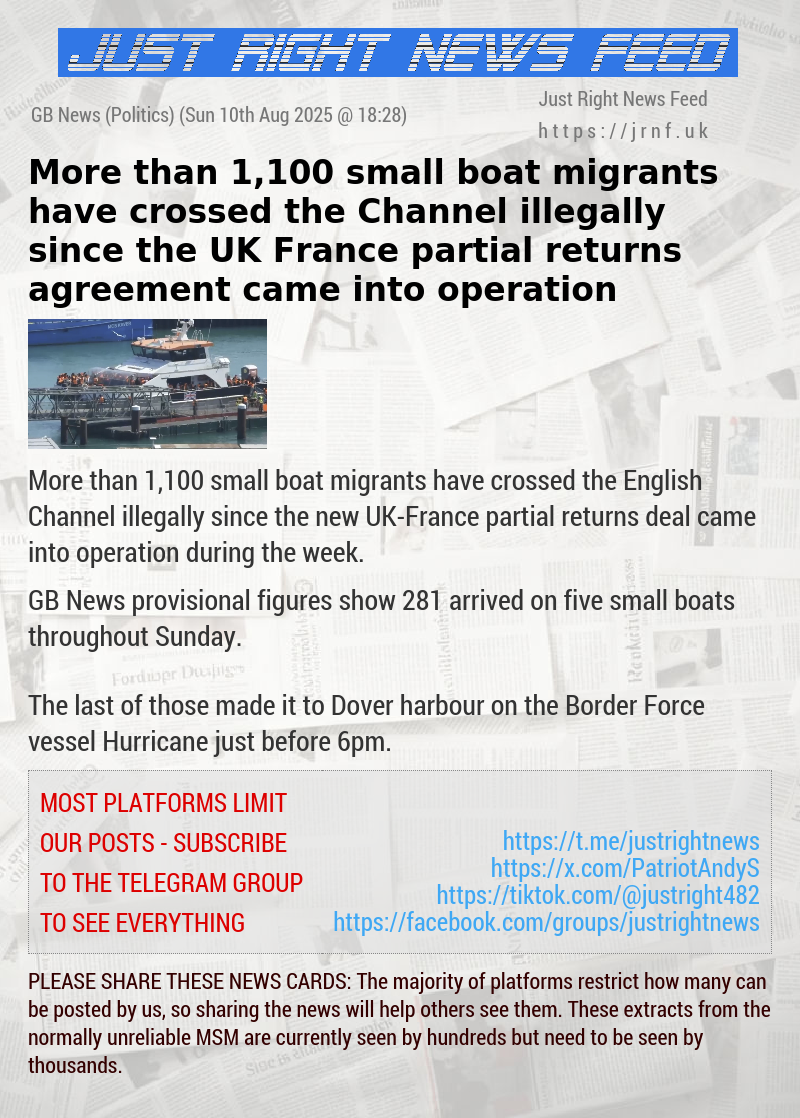 More than 1,100 small boat migrants have crossed the Channel illegally since the UK—France partial returns agreement came into operation