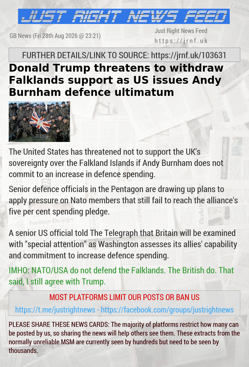 Donald Trump threatens to withdraw Falklands support as US issues Andy Burnham defence ultimatum