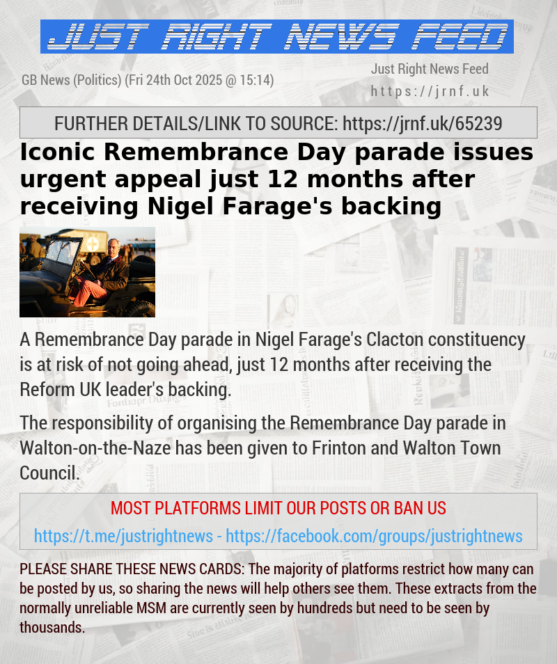 Iconic Remembrance Day parade issues urgent appeal just 12 months after receiving Nigel Farage’s backing