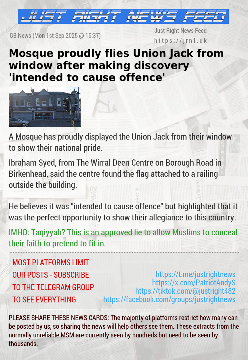 Mosque proudly flies Union Jack from window after making discovery ’intended to cause offence’