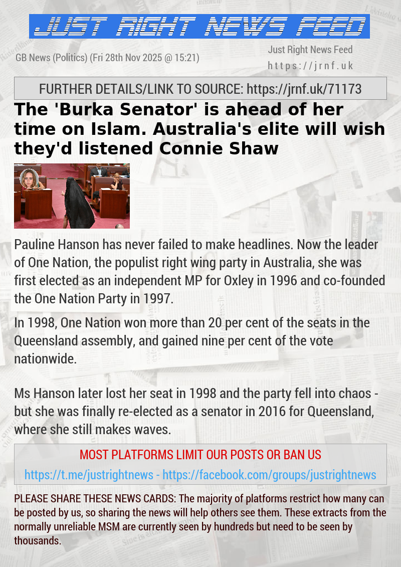 The ’Burka Senator’ is ahead of her time on Islam. Australia’s elite will wish they’d listened — Connie Shaw