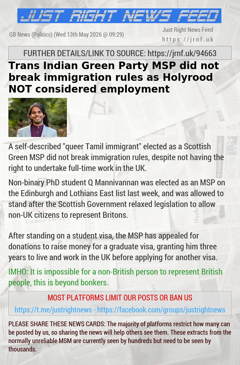 Trans Indian Green Party MSP did not break immigration rules as Holyrood NOT considered employment