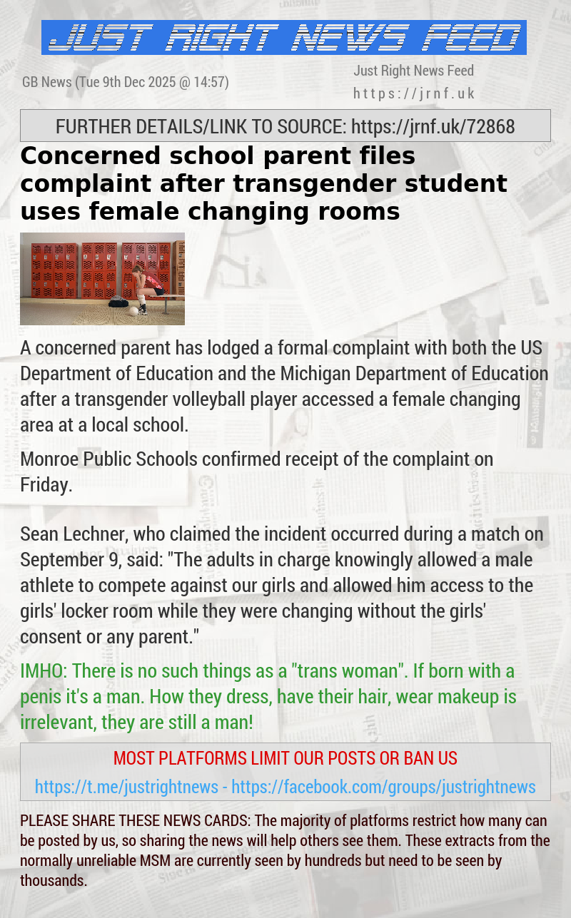 Concerned school parent files complaint after transgender student uses female changing rooms