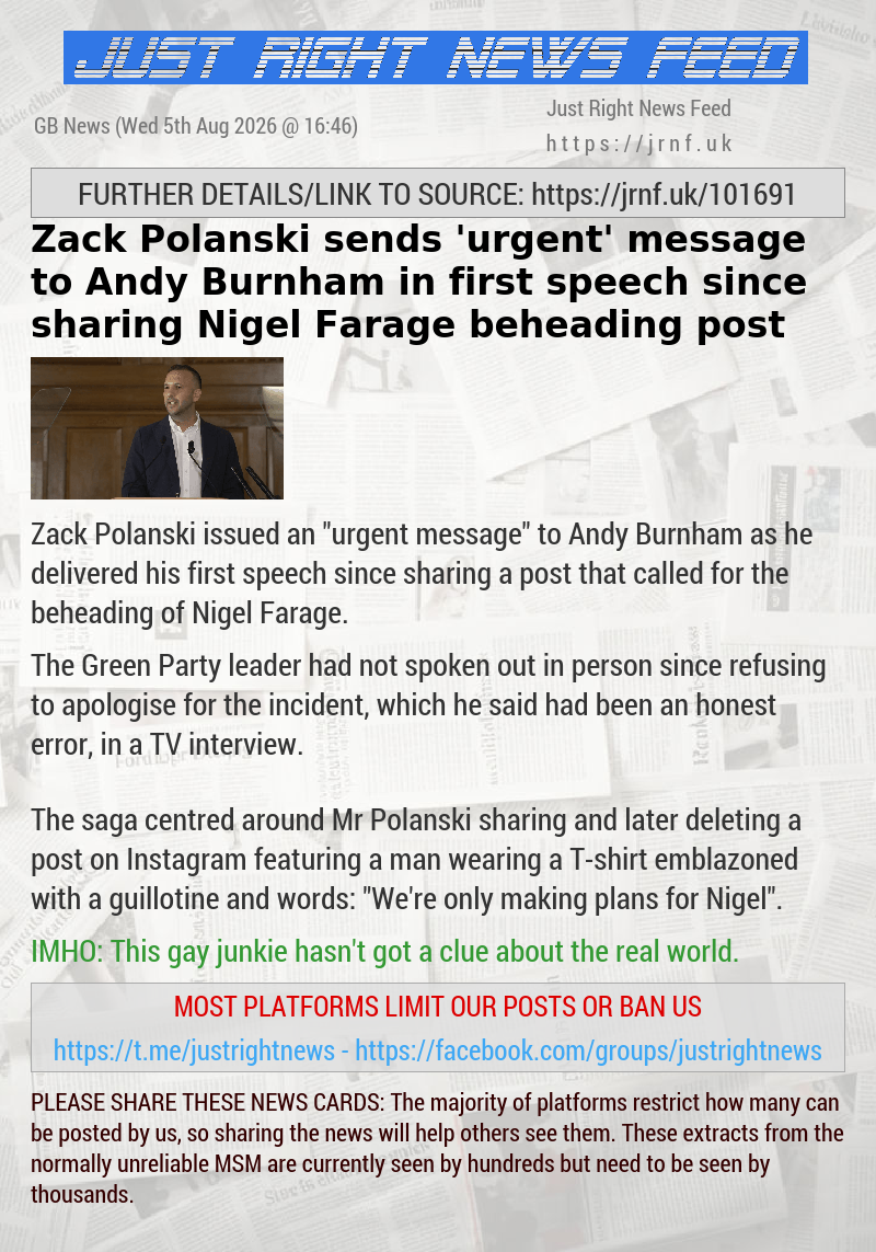 Zack Polanski sends ‘urgent’ message to Andy Burnham in first speech since sharing Nigel Farage beheading post
