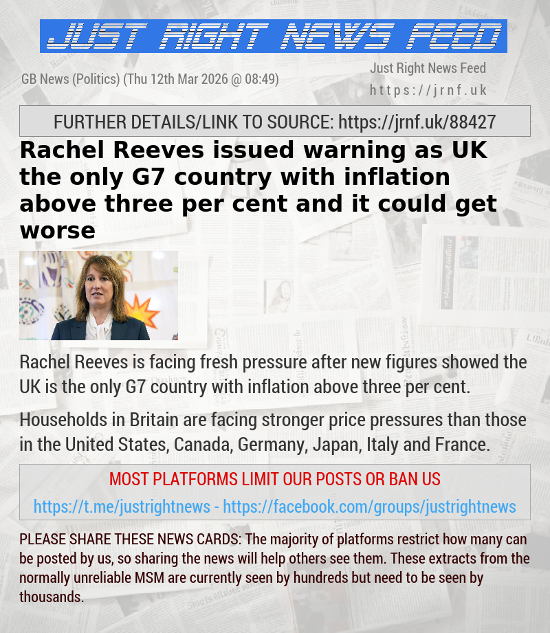 Rachel Reeves issued warning as UK the only G7 country with inflation above three per cent — and it could get worse