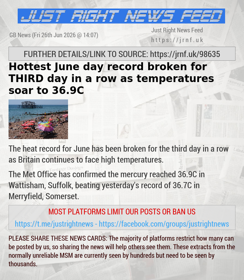 Hottest June day record broken for THIRD day in a row as temperatures soar to 36.9C