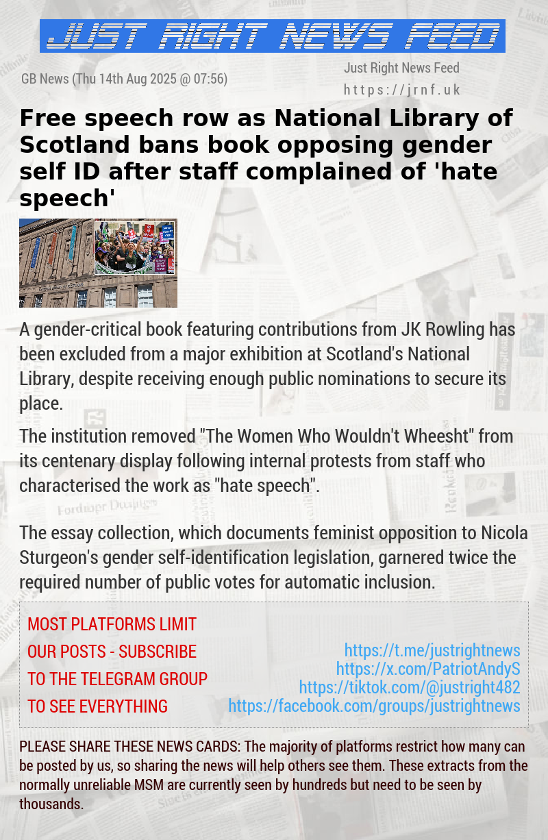 Free speech row as National Library of Scotland bans book opposing gender self—ID after staff complained of ’hate speech’