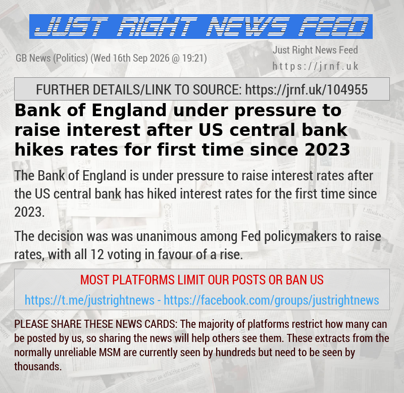 Bank of England under pressure to raise interest after US central bank hikes rates for first time since 2023