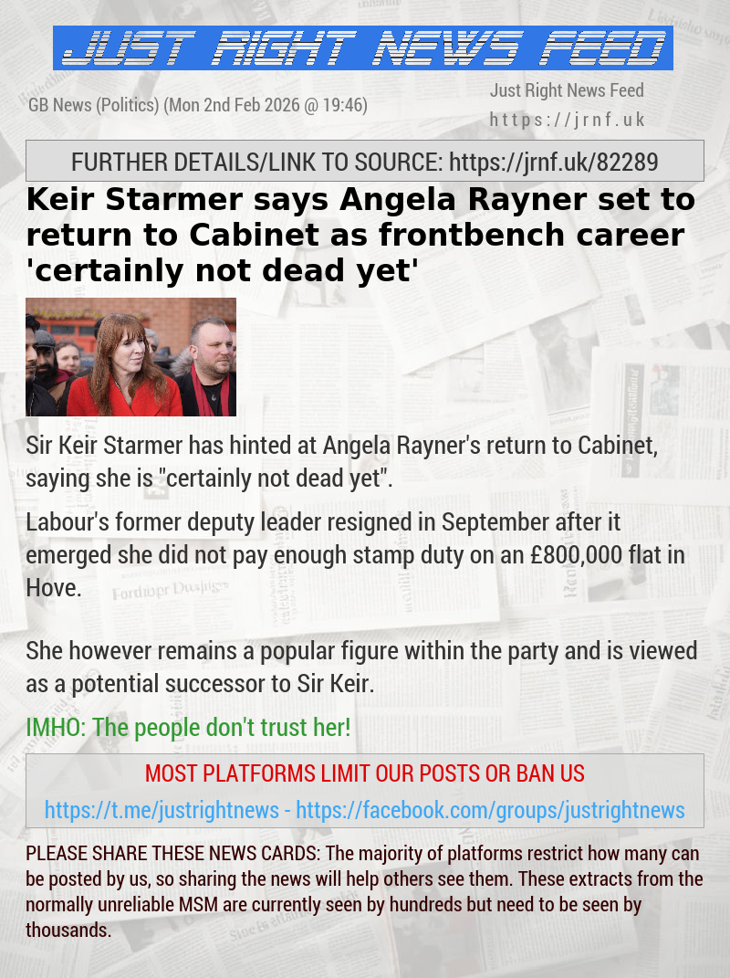 Keir Starmer says Angela Rayner set to return to Cabinet as frontbench career ’certainly not dead yet’