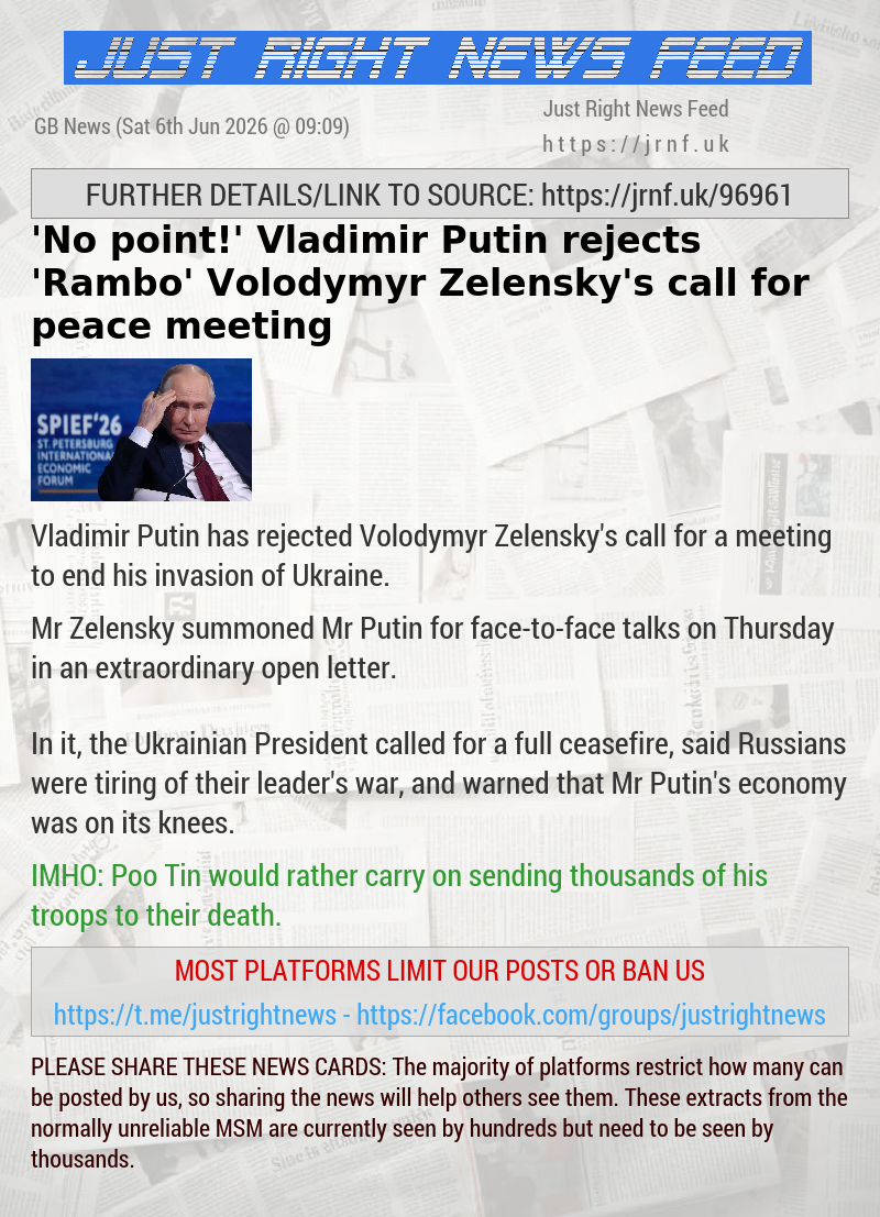 ’No point!’ Vladimir Putin rejects ’Rambo’ Volodymyr Zelensky’s call for peace meeting