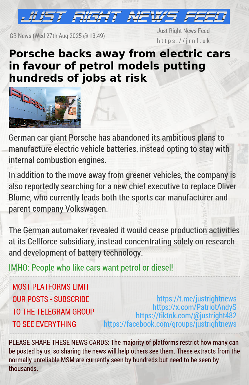 Porsche backs away from electric cars in favour of petrol models putting hundreds of jobs at risk