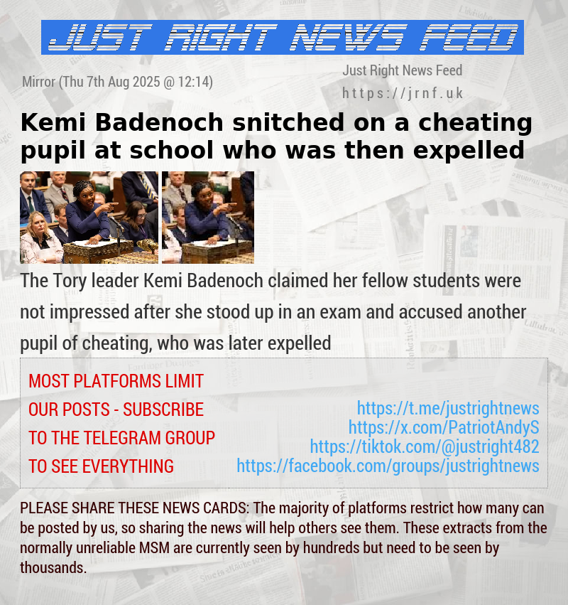 Kemi Badenoch snitched on a cheating pupil at school who was then expelled