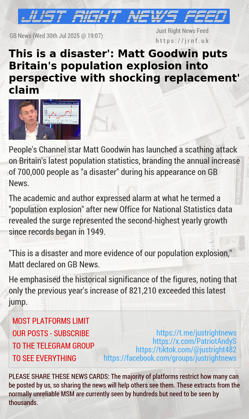 ‘This is a disaster’: Matt Goodwin puts Britain’s population explosion into perspective with shocking ‘replacement’ claim
