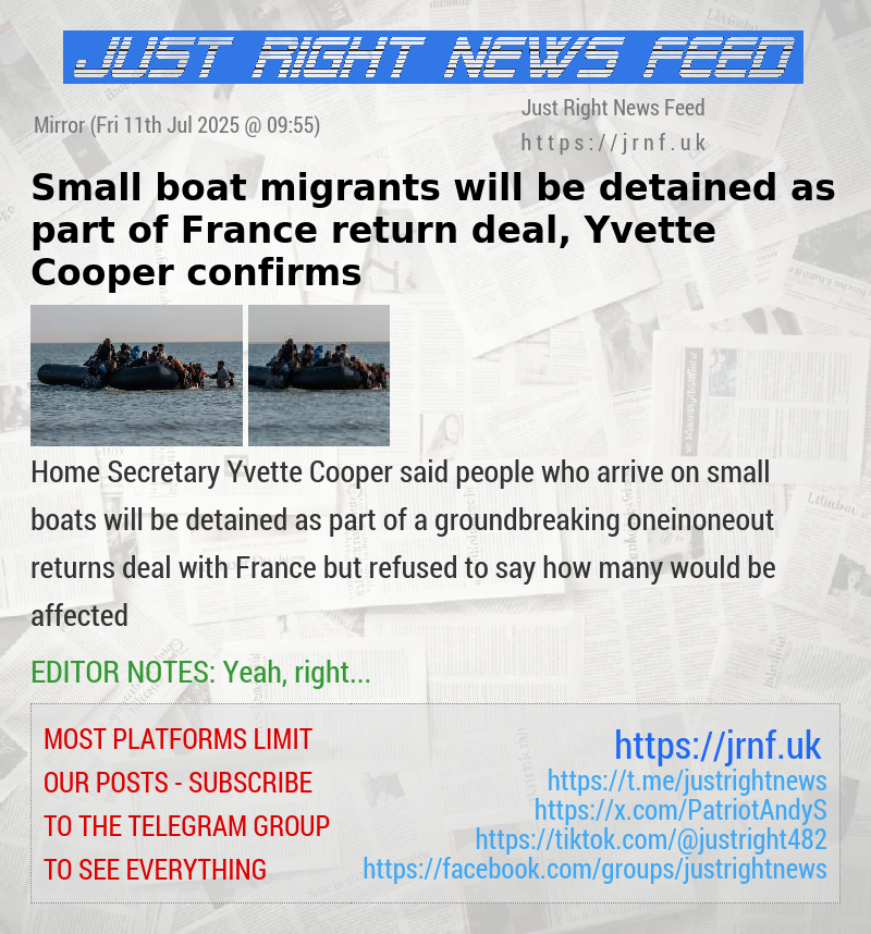 Small boat migrants will be detained as part of France return deal, Yvette Cooper confirms