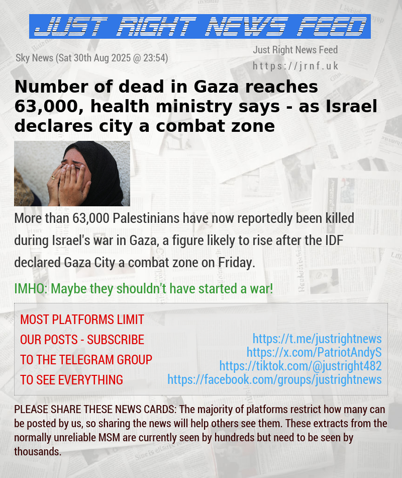 Number of dead in Gaza reaches 63,000, health ministry says — as Israel declares city a combat zone