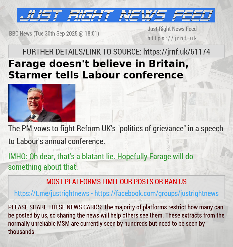 Farage doesn’t believe in Britain, Starmer tells Labour conference