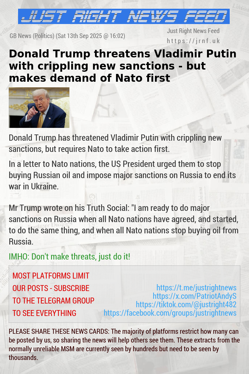 Donald Trump threatens Vladimir Putin with crippling new sanctions — but makes demand of Nato first