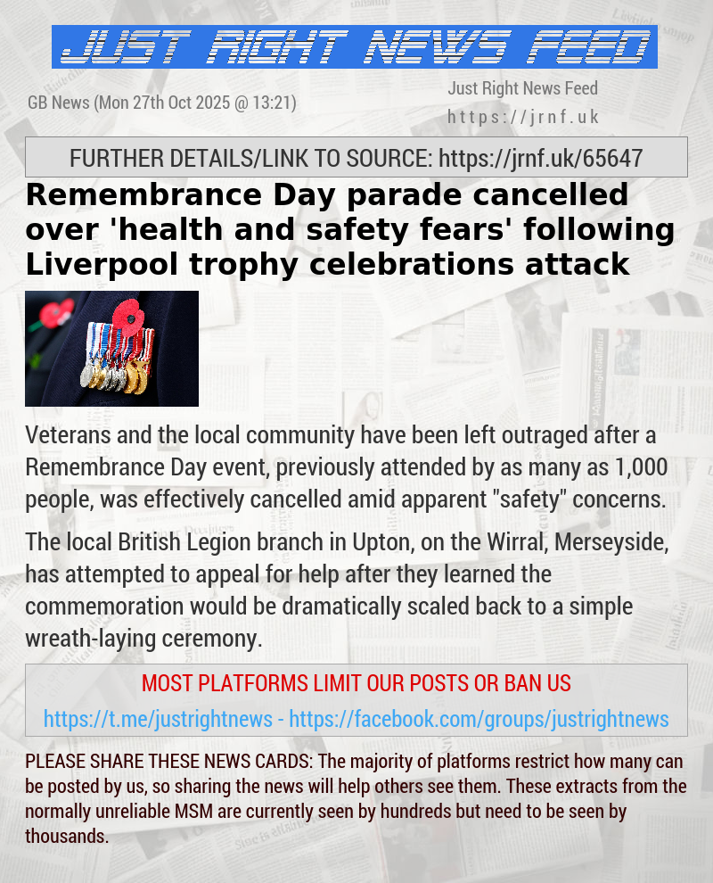 Remembrance Day parade cancelled over ’health and safety fears’ following Liverpool trophy celebrations attack