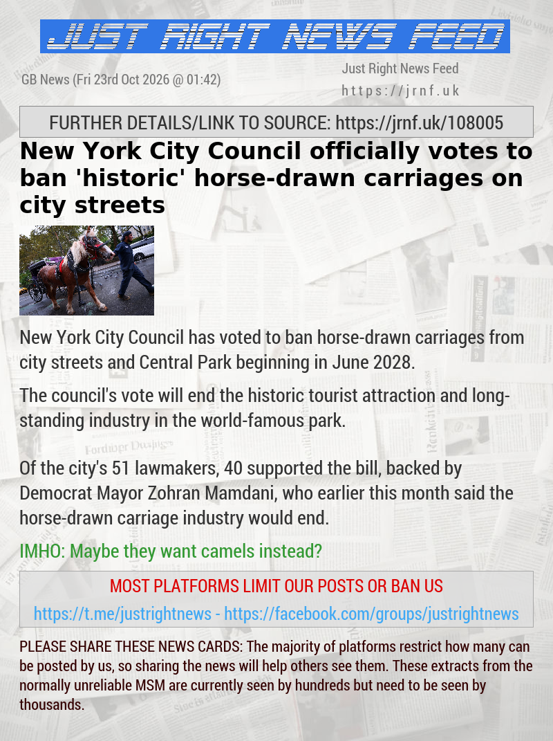 New York City Council officially votes to ban ’historic’ horse—drawn carriages on city streets