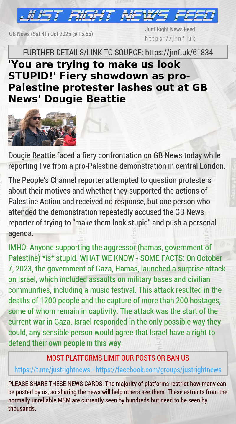 ’You are trying to make us look STUPID!’ Fiery showdown as pro—Palestine protester lashes out at GB News’ Dougie Beattie