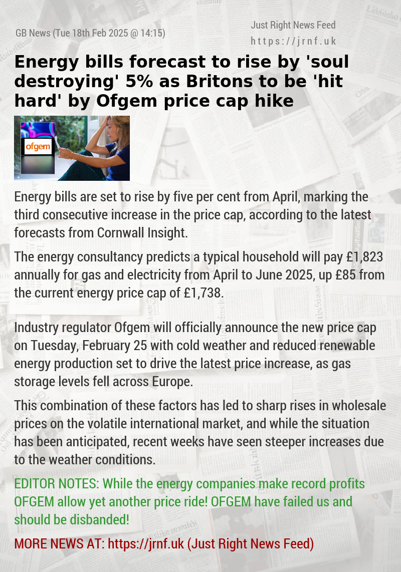 Energy bills forecast to rise by ’soul destroying’ 5% as Britons to be ’hit hard’ by Ofgem price cap hike