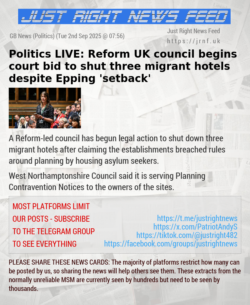 Politics LIVE: Reform UK council begins court bid to shut three migrant hotels — despite Epping ’setback’