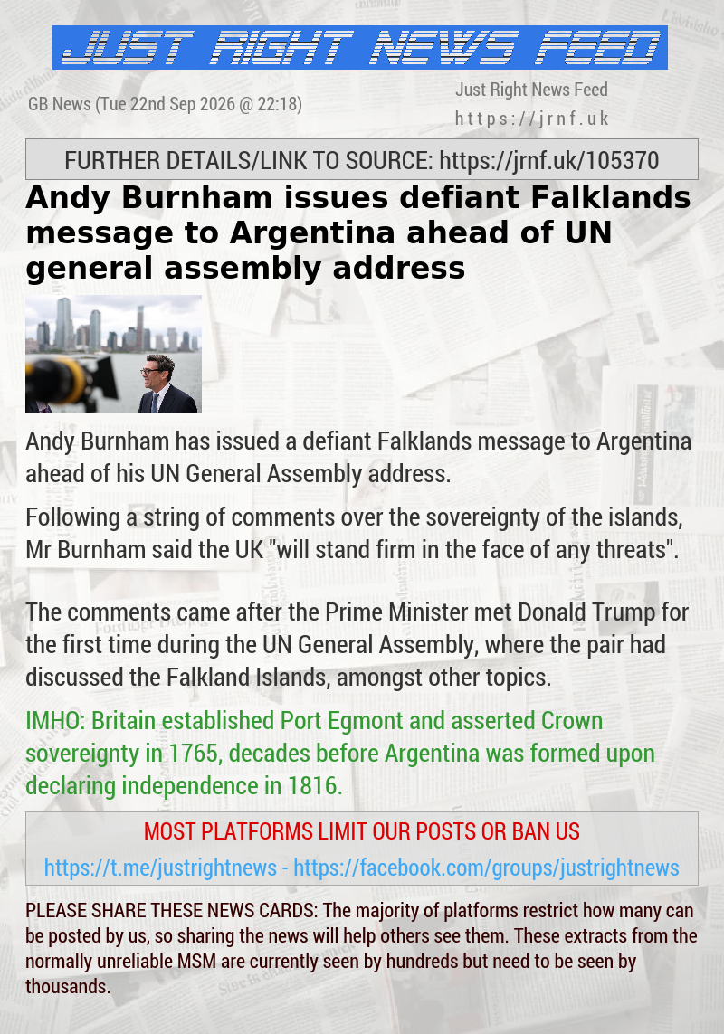 Andy Burnham issues defiant Falklands message to Argentina ahead of UN general assembly address