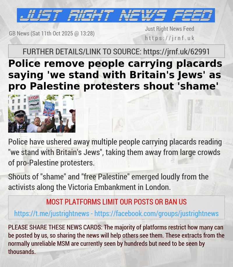 Police remove people carrying placards saying ’we stand with Britain’s Jews’ as pro—Palestine protesters shout ’shame’
