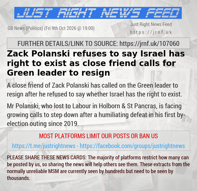 Zack Polanski refuses to say Israel has right to exist as close friend calls for Green leader to resign