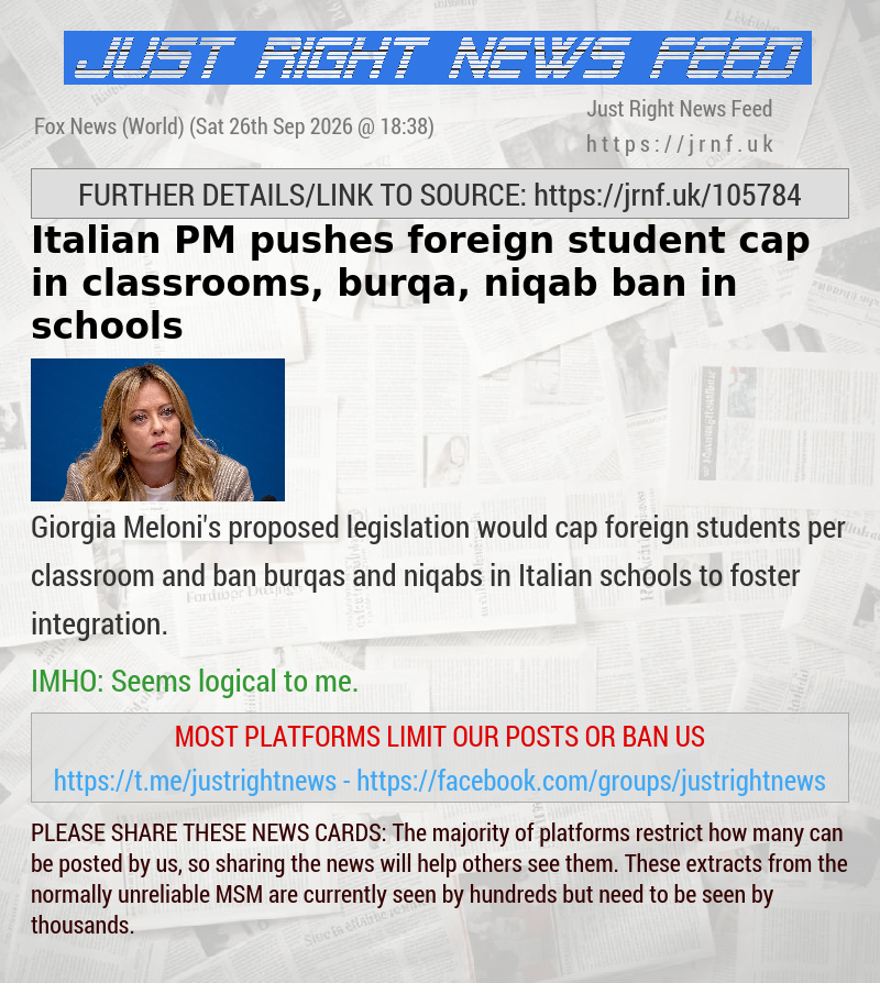 Italian PM pushes foreign student cap in classrooms, burqa, niqab ban in schools