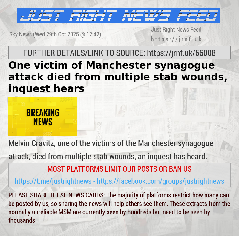 One victim of Manchester synagogue attack died from multiple stab wounds, inquest hears