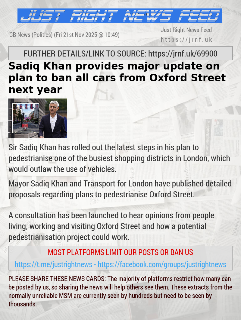 Sadiq Khan provides major update on plan to ban all cars from Oxford Street next year