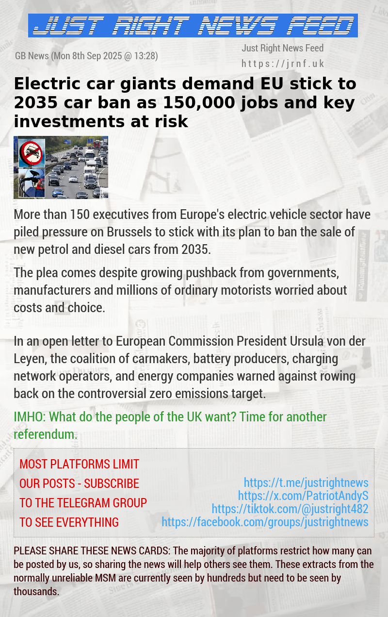 Electric car giants demand EU stick to 2035 car ban as 150,000 jobs and key investments at risk