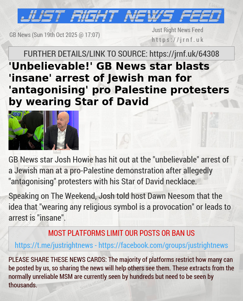 ’Unbelievable!’ GB News star blasts ’insane’ arrest of Jewish man for ’antagonising’ pro—Palestine protesters by wearing Star of David