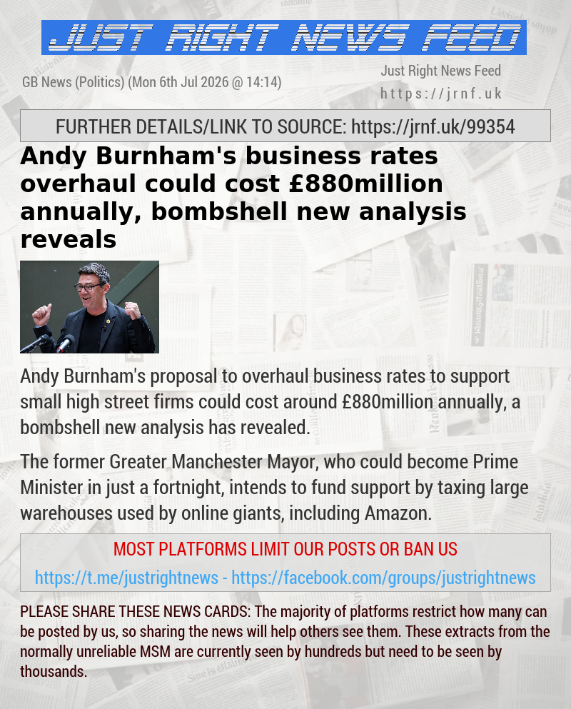 Andy Burnham’s business rates overhaul could cost &pound;880million annually, bombshell new analysis reveals