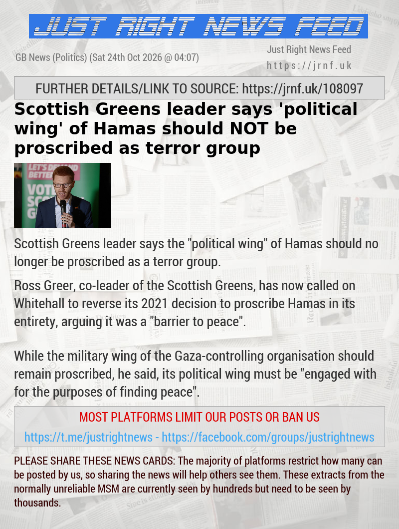 Scottish Greens leader says ’political wing’ of Hamas should NOT be proscribed as terror group