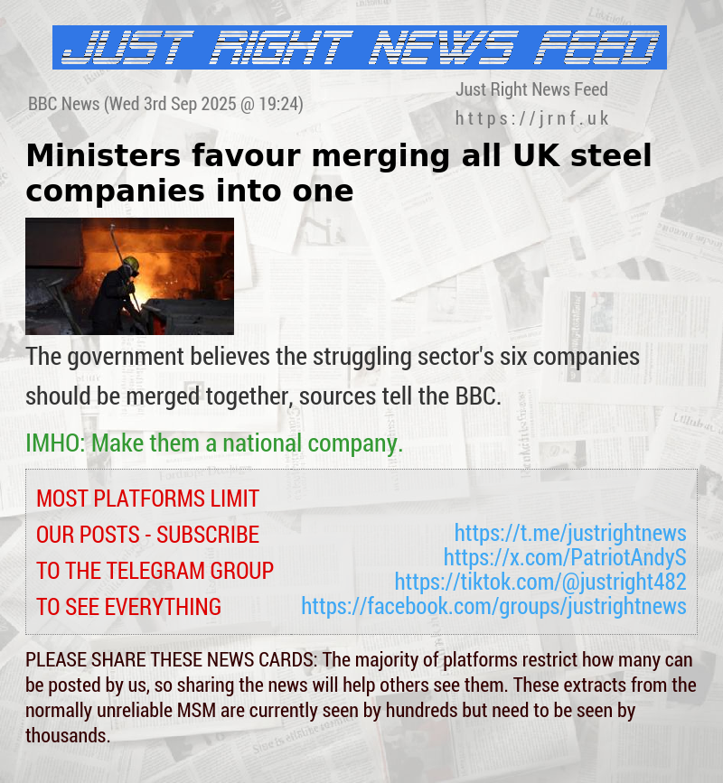 Ministers favour merging all UK steel companies into one