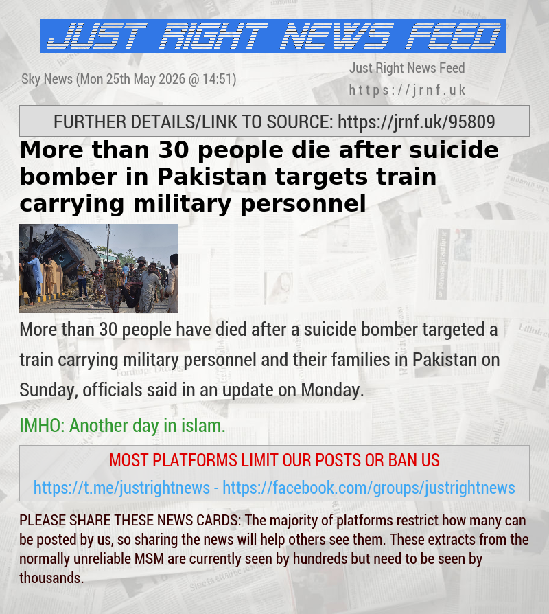 More than 30 people die after suicide bomber in Pakistan targets train carrying military personnel