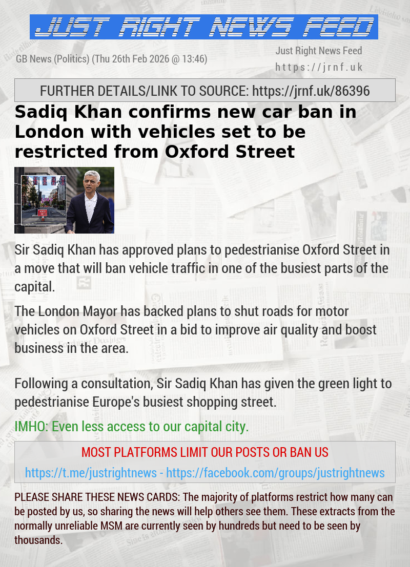 Sadiq Khan confirms new car ban in London with vehicles set to be restricted from Oxford Street