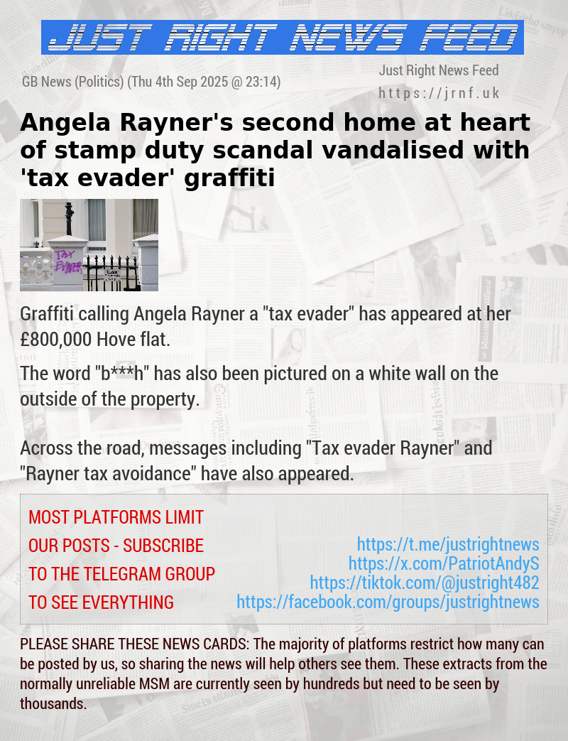 Angela Rayner’s second home at heart of stamp duty scandal vandalised with ’tax evader’ graffiti