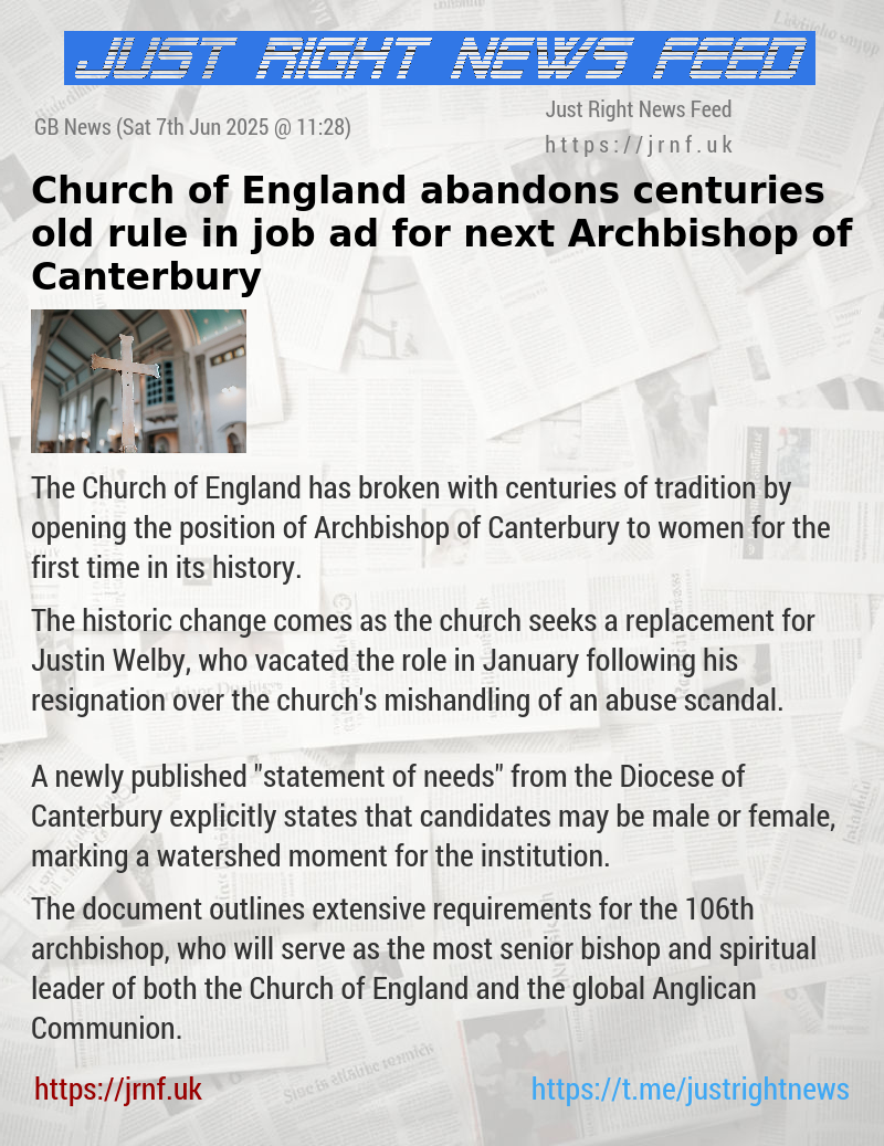 Church of England abandons centuries old rule in job ad for next Archbishop of Canterbury