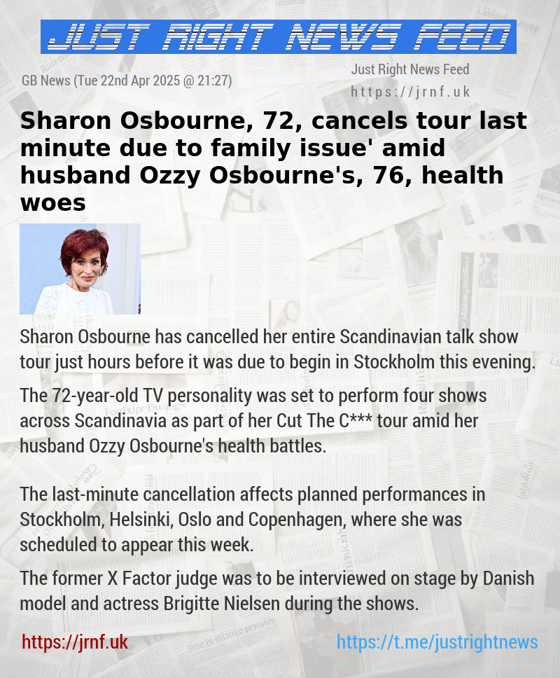 Sharon Osbourne, 72, cancels tour last minute due to ‘family issue’ amid husband Ozzy Osbourne’s, 76, health woes