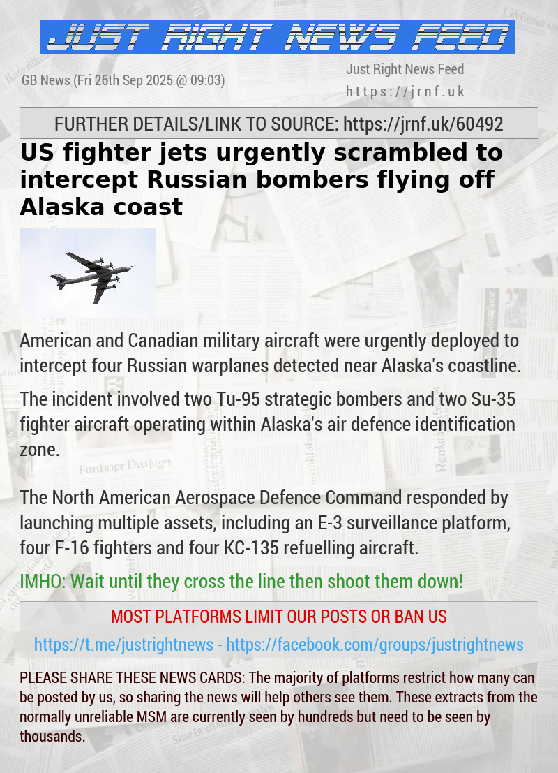 US fighter jets urgently scrambled to intercept Russian bombers flying off Alaska coast