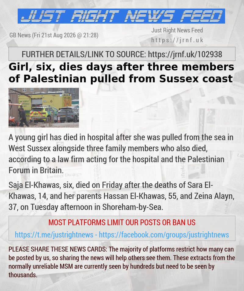 Girl, six, dies days after three members of Palestinian pulled from Sussex coast