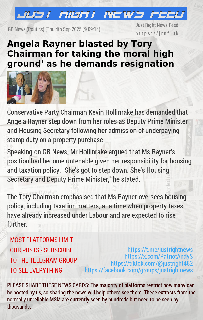 Angela Rayner blasted by Tory Chairman for ‘taking the moral high ground’ as he demands resignation