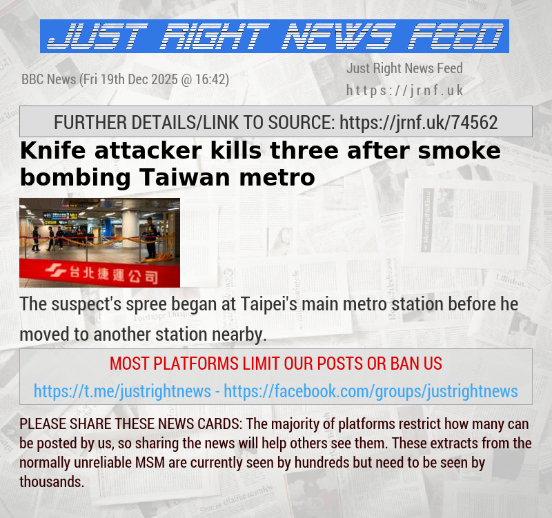 Knife attacker kills three after smoke bombing Taiwan metro